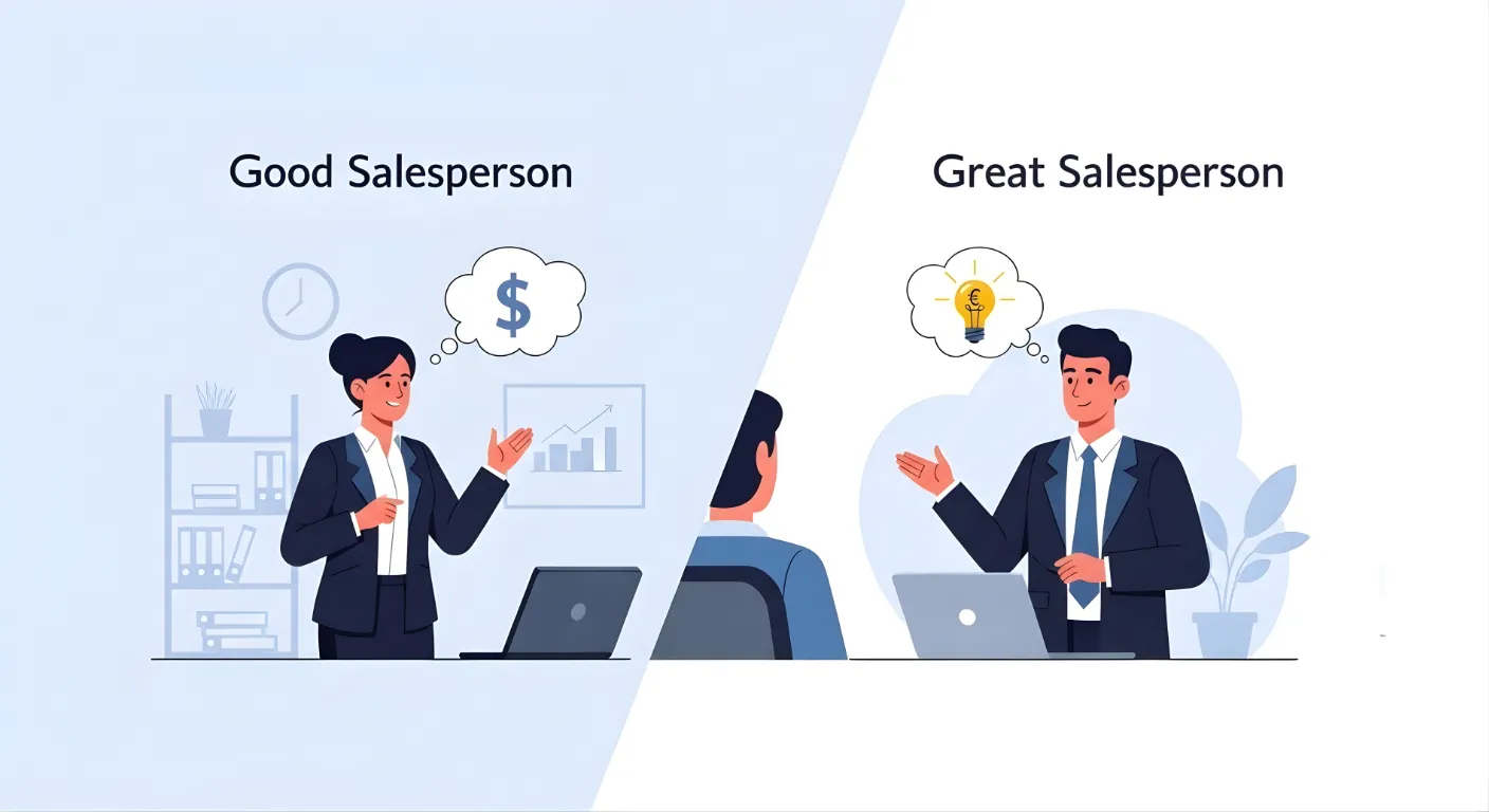 Discover what separates good sales person vs great sales person. Learn the mindset, habits, and skills that drive top performers to outperform by 10:1.