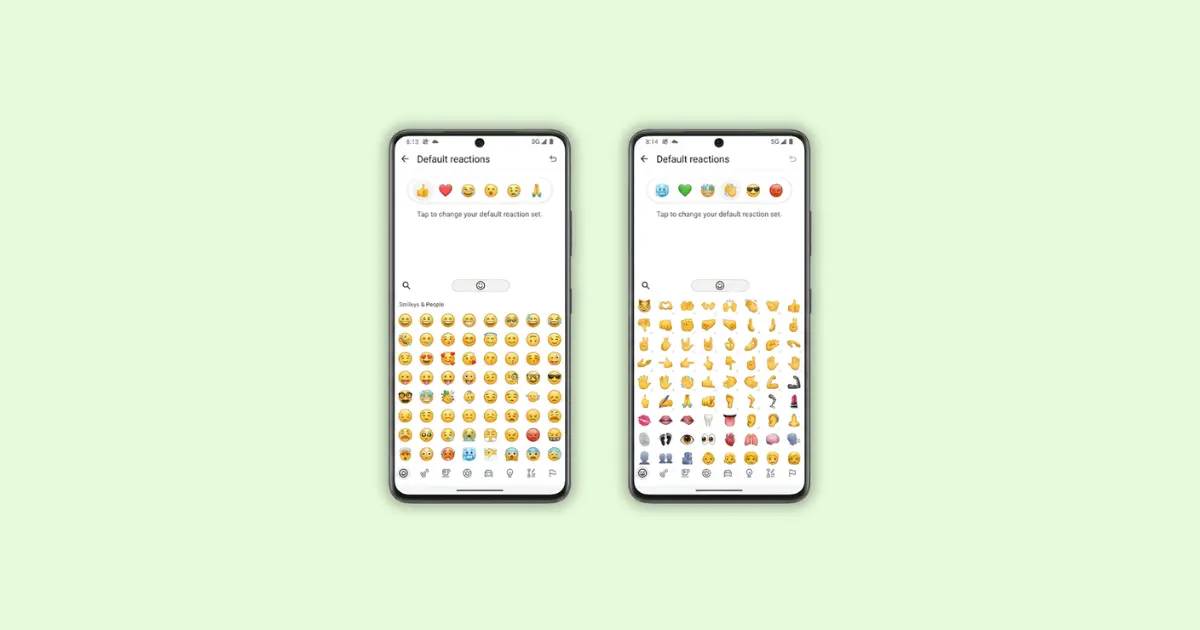 WhatsApp default reactions screen showing customizable emoji set on Android.