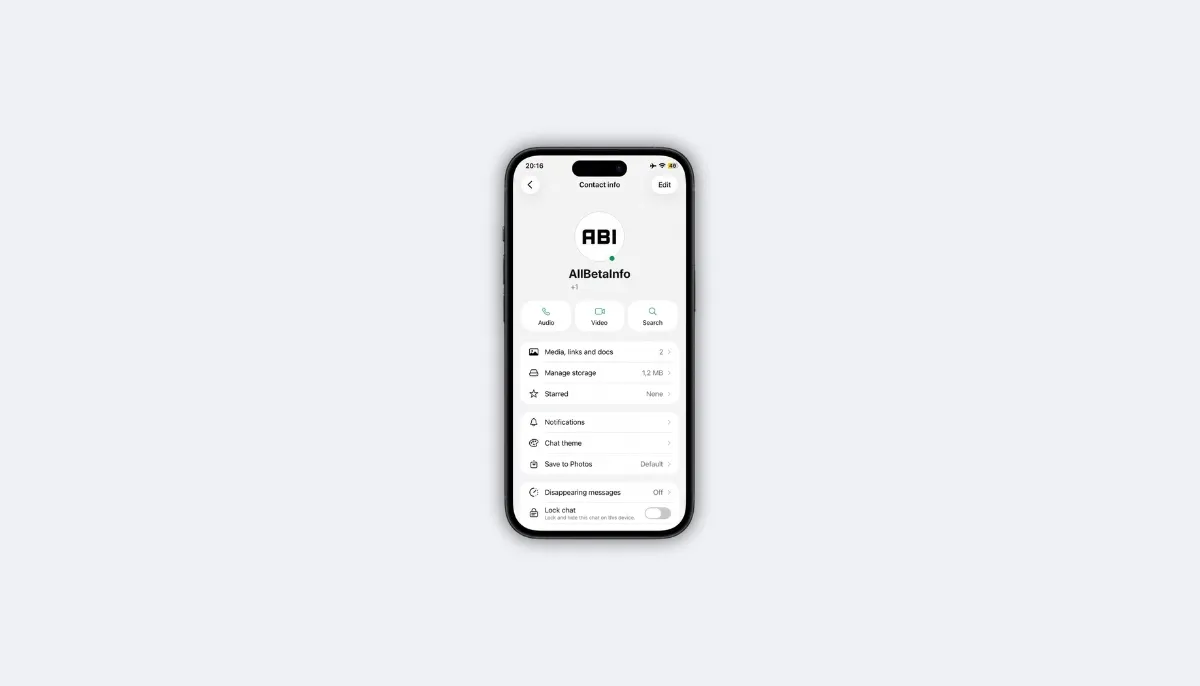 WhatsApp iOS contact info screen with green online dot