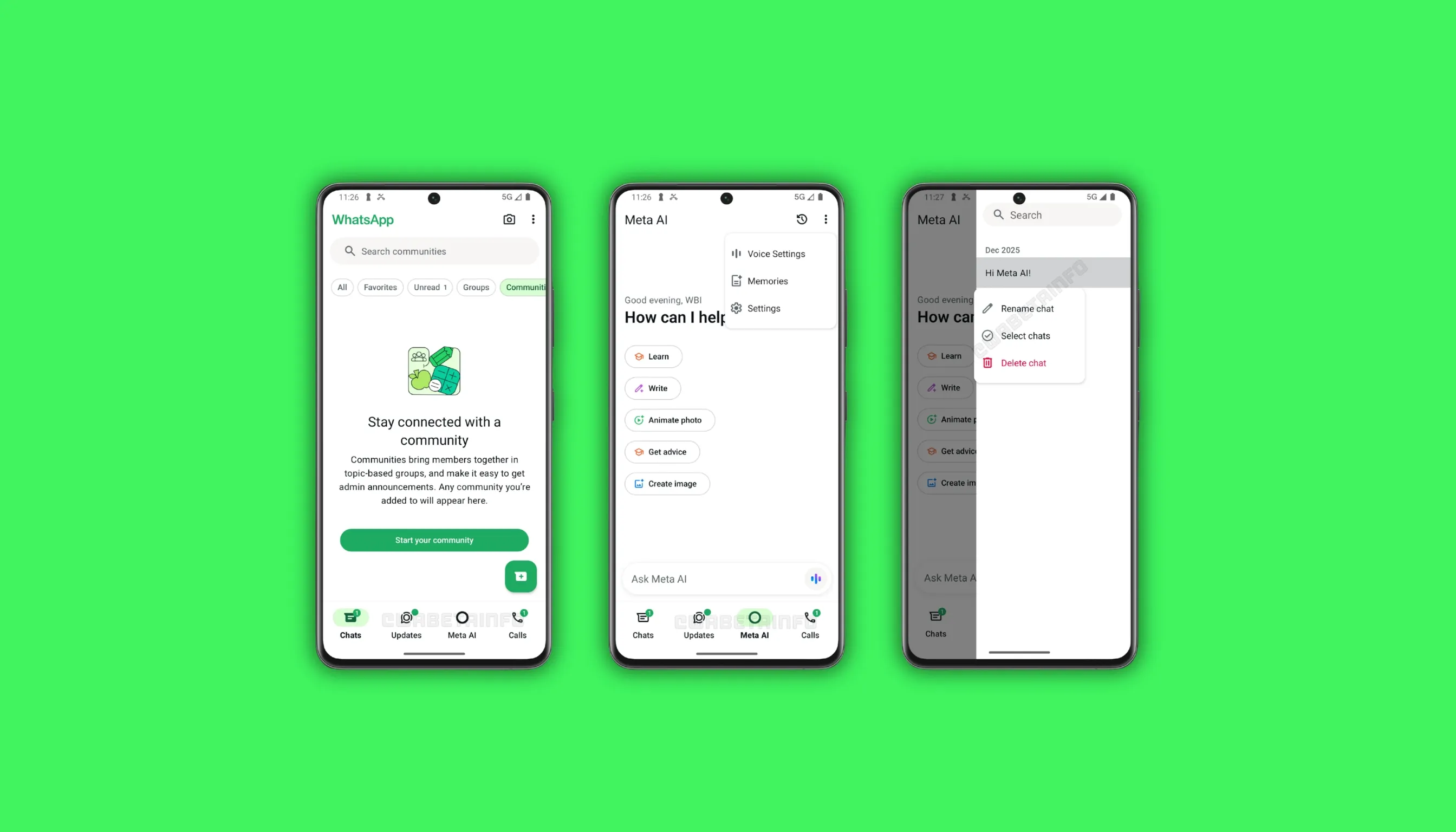 WhatsApp Meta AI tab rolling out to some Android beta testers showing the new bottom navigation bar with Communities tab replaced.